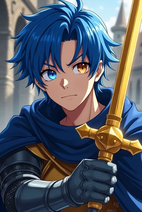 <xml><input>human,MASCULINE,knight,blue hair,one eye of each color,heterochromia,golden spear in hand,serious face,age 18 years,Teenager,medieval anime style