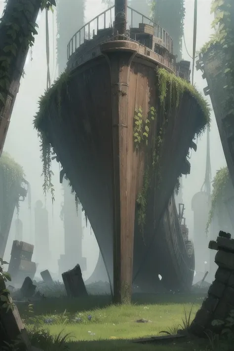 Overgrown plant life, ship ruins,