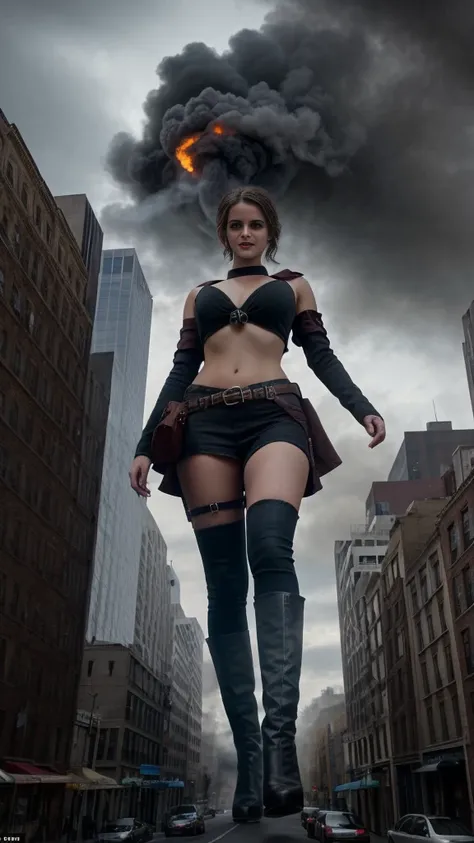 "Giant Emma Watson casually strolls through the urban landscape of GTS City, while towering buildings loom above us. A beautiful, well-lit face. realistic hands. Smoke and clouds swirl around them, and enhances the sense of epic scale and drama. The lighti...