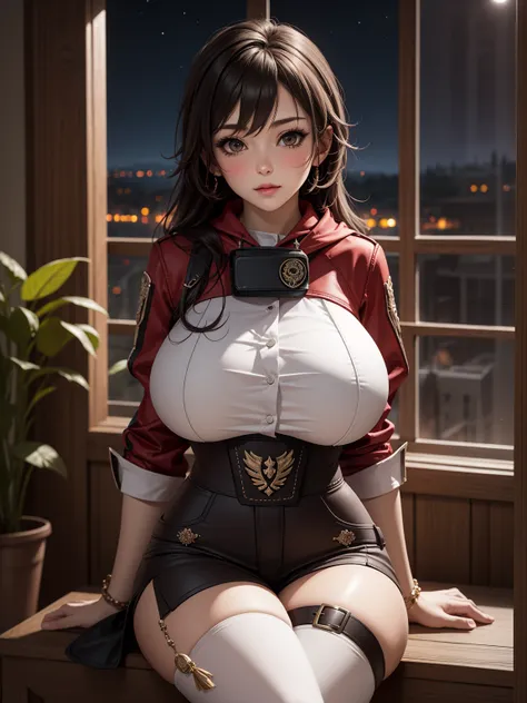 (Amberdef), (narrow waist), blushing, official art, detail face, cg,looking at viewer, (sitting),indoor, (expansive landscape photography:1.2),(night), huge breast