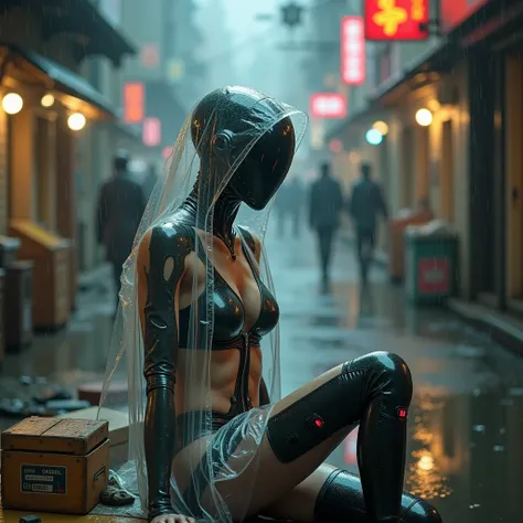 uber sexy female cyborg android with humanlike feature, dressed in a futuristic revealing outfit with a translucent raincoat made of plastic, sitting beside wooden boxes with scifi electronic gadgets for sale, in a wet alley filled with detritus, rainy wea...