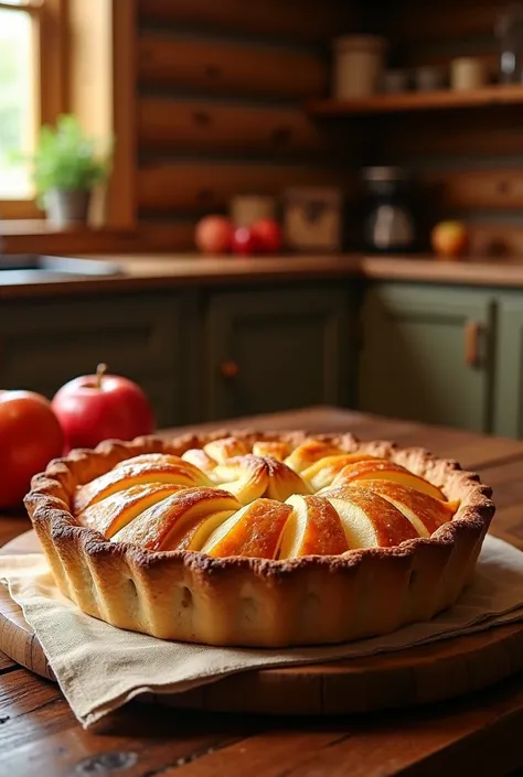 Applepie, delicious looking, background log house room, kitchen, beautiful detail, masterpiece, best quality, photo realstick