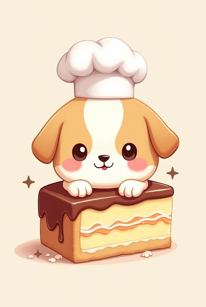 An easy to draw Kawaii puppy with a chef hat and a piece of cake half of his body 