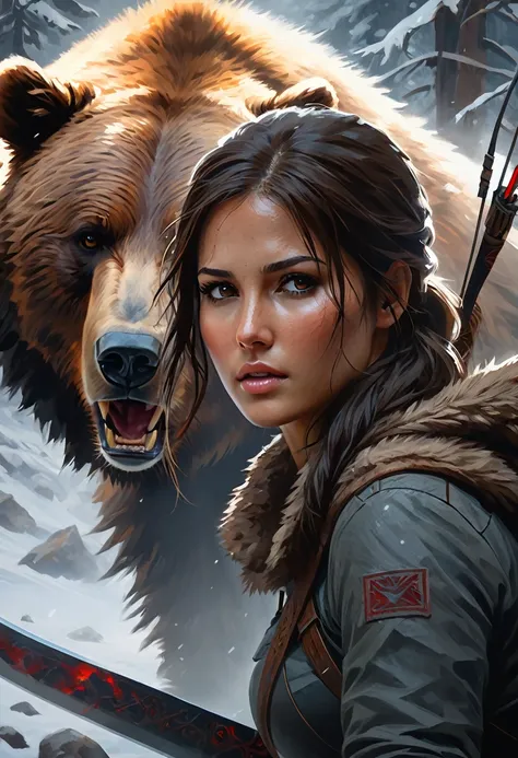 rise of the tomb raider, in backround grizzly bear in battle, oil painting portrait, art by Ana Bocek, Michael Komarck, andreas rocha, intricately detailed fluid gouache painting, sensual and alluring, in her 30s, long black hair, stunnigly beautiful, perf...