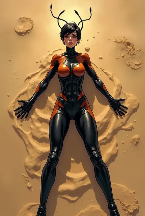 Create a 4 supervillain with ant powers. She is a short and thin figure, with an appearance that reflects his strength and relentless nature. Her hair is short and dark, and his eyes are intense and piercing, highlighting its threat.

she is lying on the s...