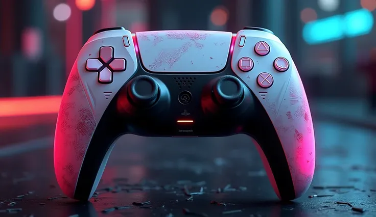 detailed futuristic PlayStation 5 controller, intricate cyberpunk design, metallic accents, glowing neon lights, sleek modern form, advanced technology, smooth curves, high-quality 3D render, cinematic lighting, photorealistic, hyper-detailed