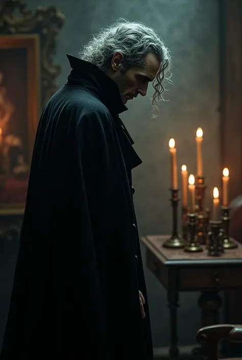 Dracula comming down stars in profile face very white face looking like jeremy irons but with curly gray hair, more terrifying, darķ room very gothic antique vintage and black old cloack. Very sad thinking about death, candles behind him