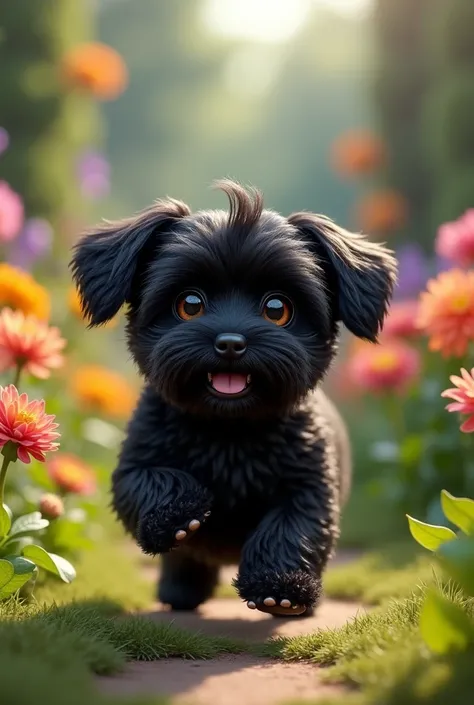 Small black hairy and mustached Maltese dog, curly-haired in a beautiful garden running. 