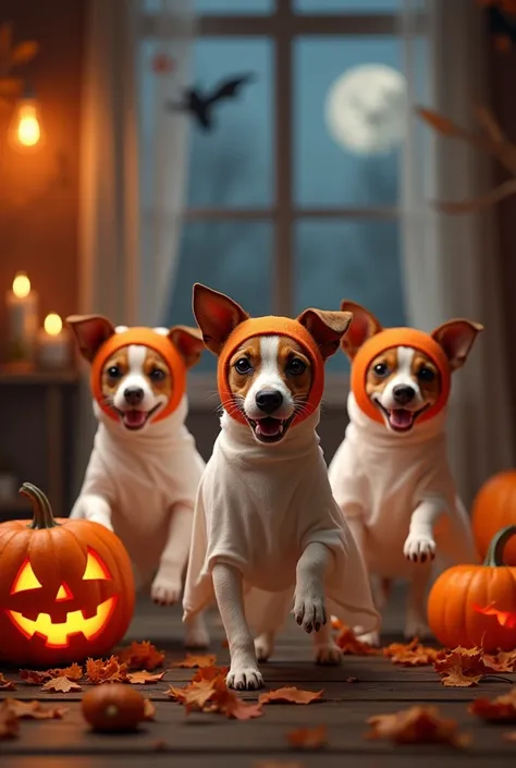 On the long autumn nights、Halloween party、Pumpkin Mask、In ghost costume、Having fun、Please create an AI image animation of a group of fluffy Jack Russell terriers