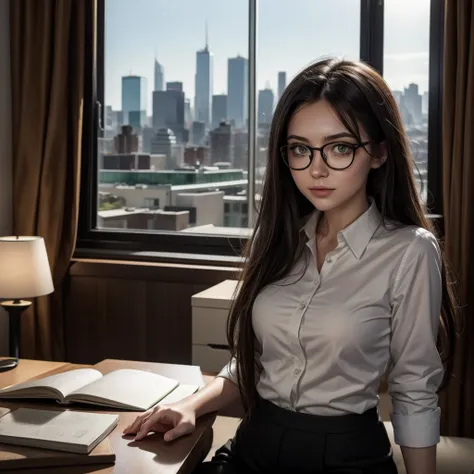 black long hair secretary girl dressed as a secretary with green eye glasses in her office with a window overlooking the city