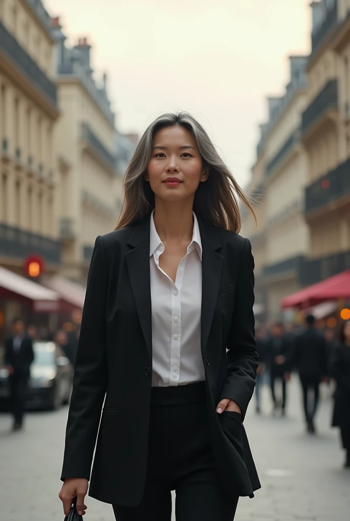 beautiful asian woman in suit,subtle and soft corner smile,4 with slightly gray hair,brown eyes,striking look walking with a black bag on the streets of paris 