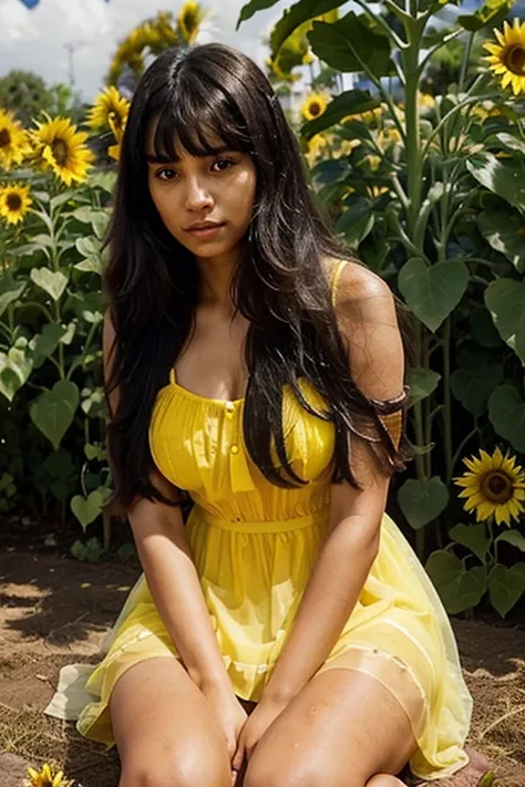 woman 20 years old, pele morena, dark brown eyes, with long black hair, with bangs, weight 70 kg. With long transparent yellow dress, sitting in a sunflower garden, petting a frajola cat.