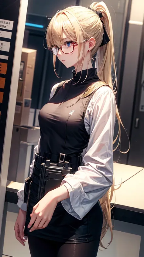 A slender blonde girl with a ponytail、Wearing rectangular under-rim glasses。At the shooting range, he&#39;s pointing his gun at me and taking aim.。Hold one gun in each hand。The gun is a revolver。PCC Custom Square Barrel。Draw the gun muzzle large and in fro...