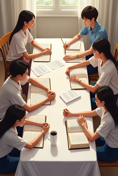 PEOPLE SITTING CONCENTRATED AROUND A TABLE WITH A WHITE CLOTH, Holding hands, AND STUDY BOOKS ON THE TABLE. WITH A PEACEFUL ATMOSPHERE IN THE BACKGROUND.