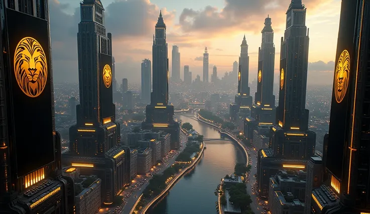 A panoramic view of a futuristic science fiction style city skyline, featuring a color scheme of black and gold. The city is filled with towering skyscrapers and architectural designs that include military brutalist style black banners that hand neatly on ...