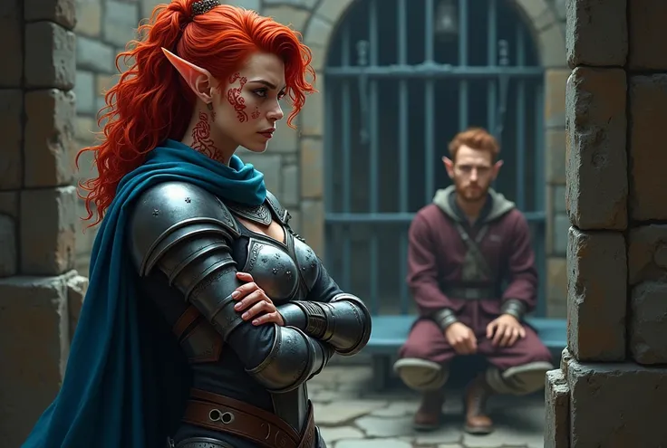 A female elf paladin with red curly hair, pointy ears, red eyes, and large red tattoos on her face, standing with her arms crossed, wearing full armor with a blue cloak, scowling, outside a jail cell, looking at a male prisoner inside a jail cell, a half-e...