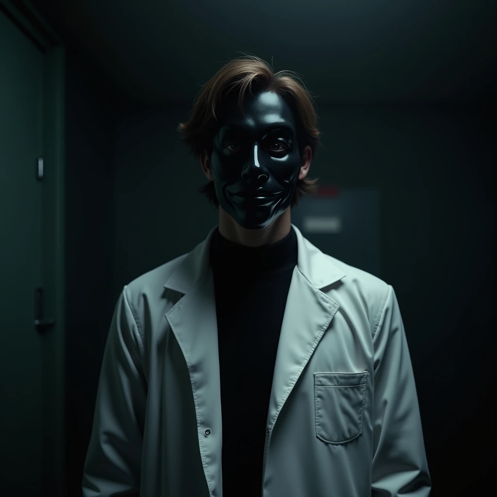 40 YEAR OLD MAN WITH BROWN HAIR AND BROWN EYES WEARS BLACK HALLOWEEN MASK WEARS WHITE DOCTOR SUIT AND DARK ROOM BACKGROUND