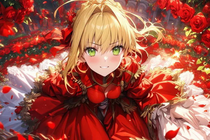 absurdres, highres, ultra detailed, hdr, master piece, nero claudius, blonde hair tied in a bun, expressive green eyes, saber, r...