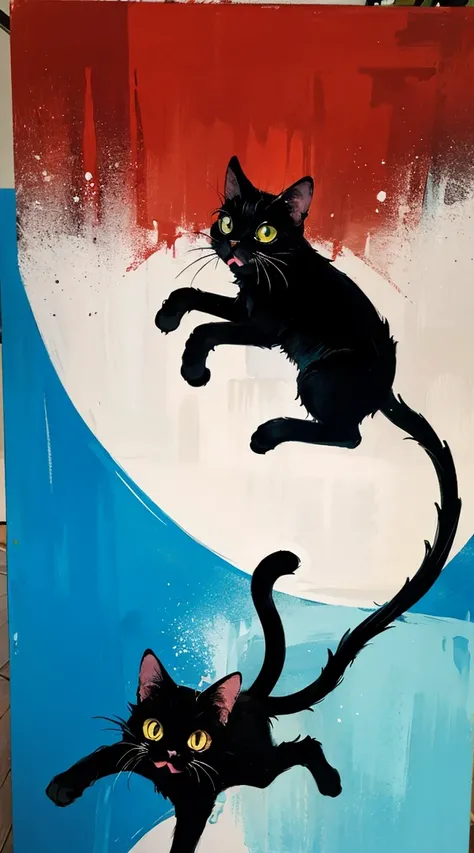 Black cat painting an illustration of another black cat painting an illustration of a black cat on a canvas. A surreal atmosphere where there is no distinction between beginning and end. Defying common sense, it feels like an infinite loop, creating a fant...