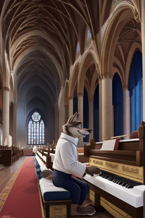 Fanter Larry (Moscow), wolf, gray fur, (brown body:1.3),beautiful blue eyes, zootopia, Dressed young,chatolic priest,deacon,pope,vatican,white sutana,canine, wolf, detailed fur, male, antro, paw pads, finger claws, plays, of an music organ, at viewer, 5 fi...