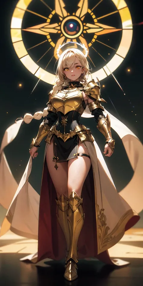 full body of paladin lady in ornate golden armor, black collar, pauldrons, breastplate, corset, glowing halo, single braid, blon...