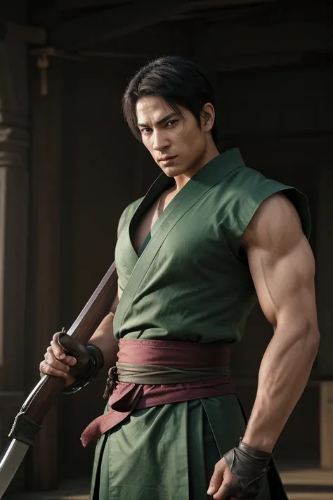 "A highly realistic swordsman with short green hair, standing confidently. He wears a traditional dark green kimono with a red sash tied around his waist, three intricately designed katanas are sheathed on his left side. His muscular chest is slightly expo...