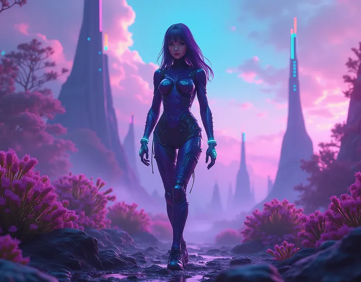 Cyberpunk style woman on an alien planet in shades of purple blue and pink