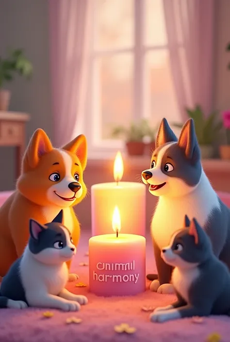 Animated pets (dogs and cats) with pastel colored candles with the name "Animal harmony"