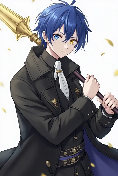 <xml><input>human,MASCULINE,transparent eyes,blue hair,one eye each of blue and yellow,heterochromia,golden spear in hand,serious face,age 18 years,Teenager,medieval anime style,black coat.