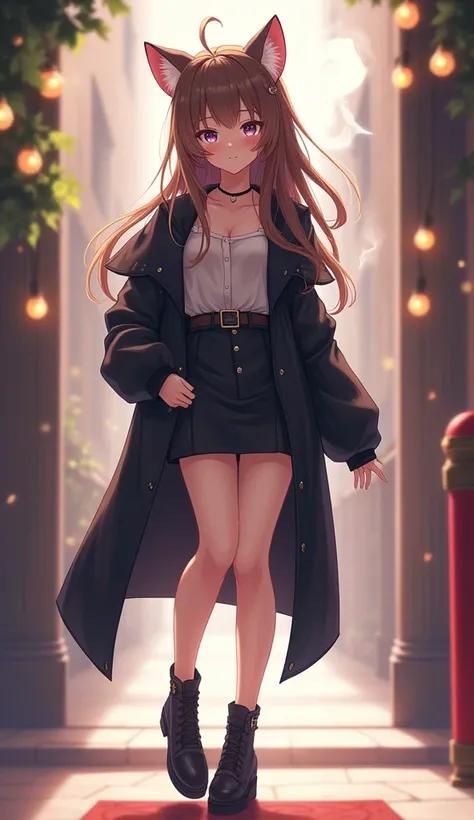 Anime-like character, brown hair, petite, cat ears, female, narrow eyes, full body image including shoes, adult, stylish, mouth slightly open, smoking