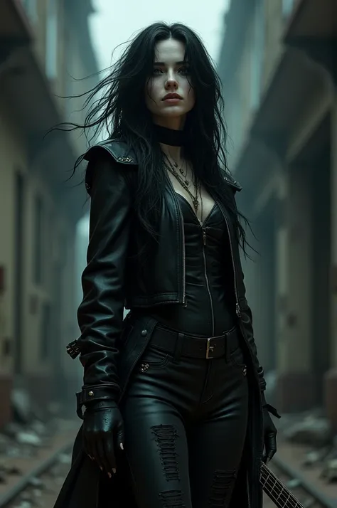 Version feminina Eric Draven from the movie &#39;The Crow&#39;, full body, holding a guitar, ultra realistic , with your back to the camera 