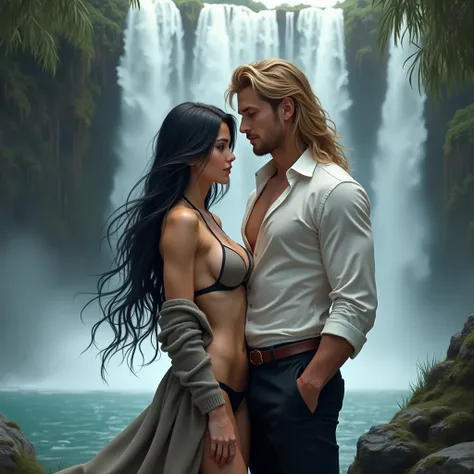 In a waterfall in the background where they are inside, She has long straight black hair, with blue eyes and beautiful and angelic features wearing a dress with a long short sweater and panties, the man has it loaded. man with long blond brown hair, muscul...