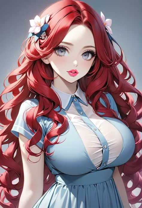 Woman, with very long curly red hair, with gray eyes, she is wearing a long school appropriate dress, wears hair decoration, has big boobs, she has pretty pink lips, with pale skin, jewelry 