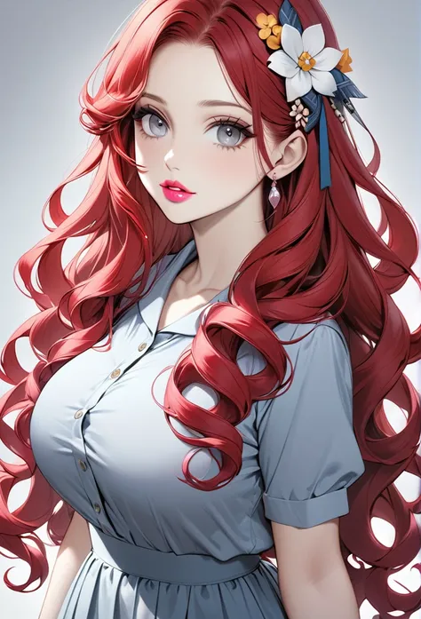 Woman, with very long curly red hair, with gray eyes, she is wearing a long school appropriate dress, wears hair decoration, has big boobs, she has pretty pink lips, with pale skin, jewelry 