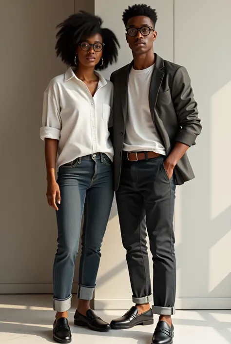 Create an image of a 2 person with a dark complexion and a slightly rounded stomach. The person should be wearing a white button-down shirt, dark jeans, and black leather loafers. They should also be wearing black or tortoiseshell glasses. The setting shou...