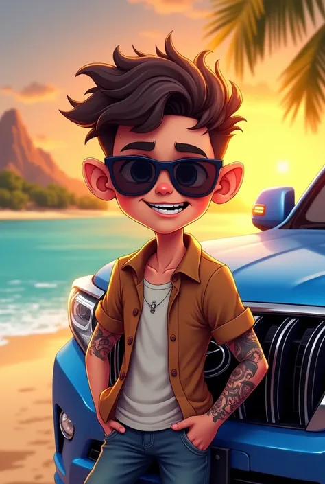 Cartoon of a boy wearing sunglasses, with tattooed right arm, leaning on a blue Toyota Prado 90 series and in the background the beach with a sunset.