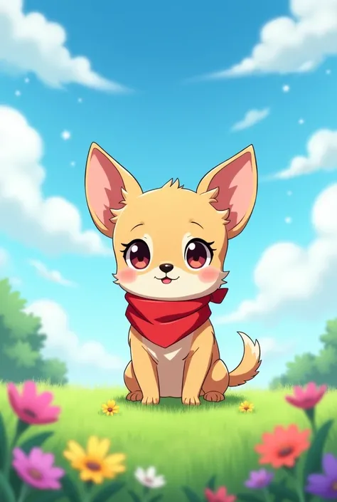 "A small, cute chihuahua with large, sparkling eyes and short tan fur. The dog has a playful and curious expression, with its ears perked up. It is sitting on a soft grassy hill under a bright blue sky with a few fluffy clouds. The chihuahua is wearing a t...