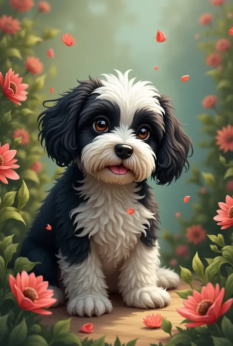 Loving, elderly, hairy, small, black Maltese dog with a mustache, with very curly fur with black mixed with a little white in a beautiful garden. pretending that the dog died but is always remembered with love 