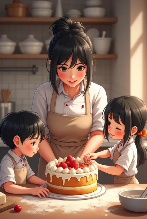 50 year old black haired woman dressed as a baker accompanied by a  black haired boy dressed as a baker another  black haired boy dressed as a baker and a girl  black haired woman dressed as a baker in a pastry workshop making a cake