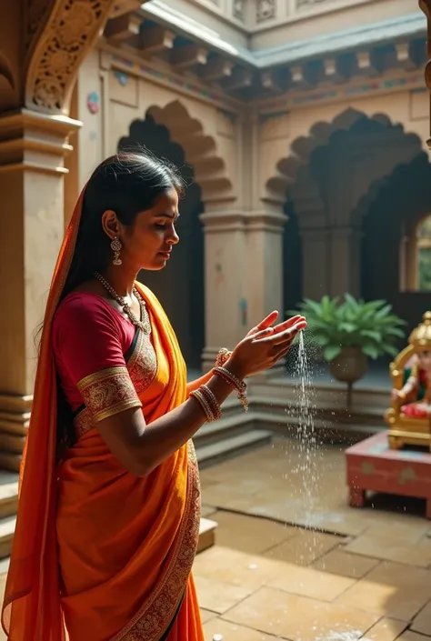 wider view of the same Indian woman, now sprinkling "gomutra" with her fingers, in a traditional courtyard of an Indian temple. A small shrine with a deitys idol is visible in the background.

