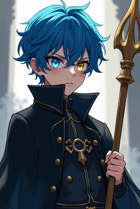 <xml><input>human,MASCULINE,transparent eyes,blue hair,one eye each of blue and yellow,heterochromia,golden spear in hand,serious face,age 18 years,Teenager,medieval anime style,black coat.