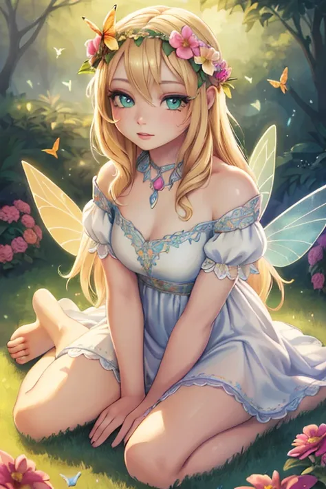 1 girl in a garden, portrait, flowers, butterflies, hummingbirds, bees, sitting on the grass, flower crown, blonde hair, green eyes, fair skin, fairy wings, white dress, barefoot, (best quality,4k,8k,highres,masterpiece:1.2),ultra-detailed,(realistic,photo...