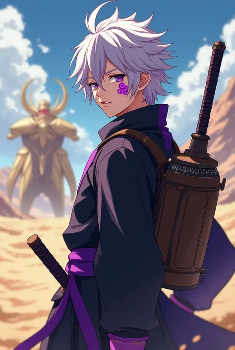 create in anime style a young man with white hair and purple highlights, purple eyes, carries on his back a large container with earth inside, he uses a sword, somewhat strong physical build, he wears it with a samurai style outfit, This outfit has a predo...