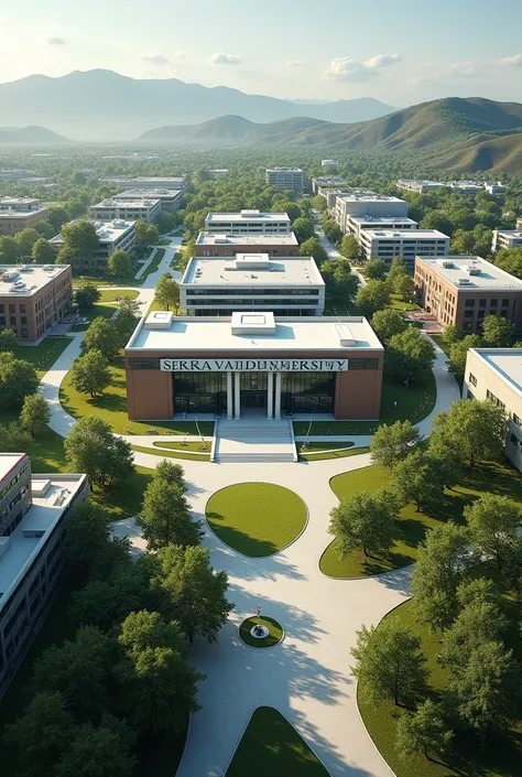 build a university with classroom buildings, administration buildings, sports building, scientific research buildings place a sign in front of this university that says Serra Valle University







