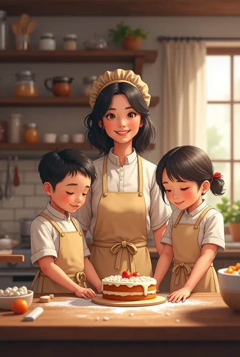 50 year old woman with black hair dressed as a baker accompanied by two children aged 12 and 10 with black hair dressed as a baker and a girl  woman with black hair dressed as a baker in a pastry workshop making a cake