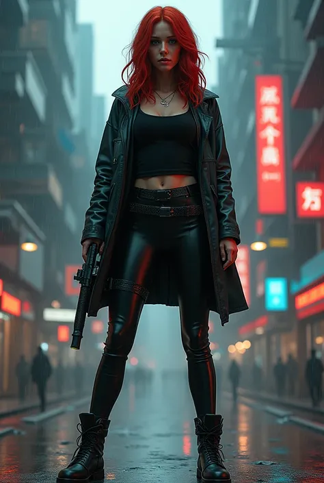 Karen Gillian in Bladerunner, full_body, front_view, full_view, thick_thighs, leggings, holding assault rifle 