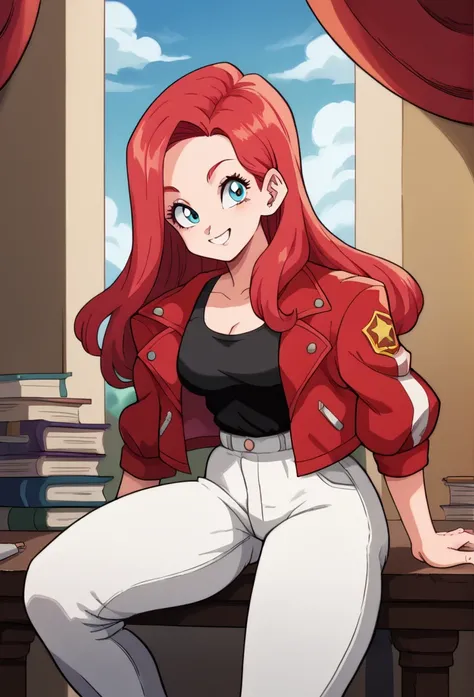 1 , Alone, long hair, red hair,high resolution, masterpiece, Anatomically correct, Necessary, high details, blue eyes,tight blouse , Black tank top,Sitting at a table, with her hand on her face,Red jacket, , white pants,thick thighs ,Smiling,