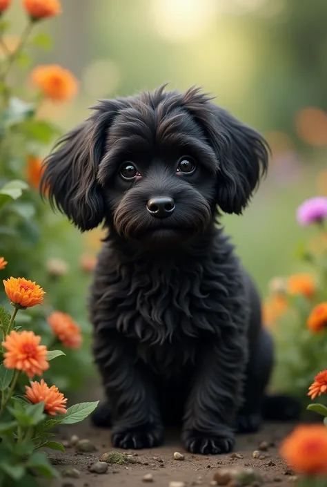 Furry, loving, old dog with a mustache and long ears, small black maltese breed, with very curly fur and black in a beautiful garden. pretending that the dog died but is always remembered with love 