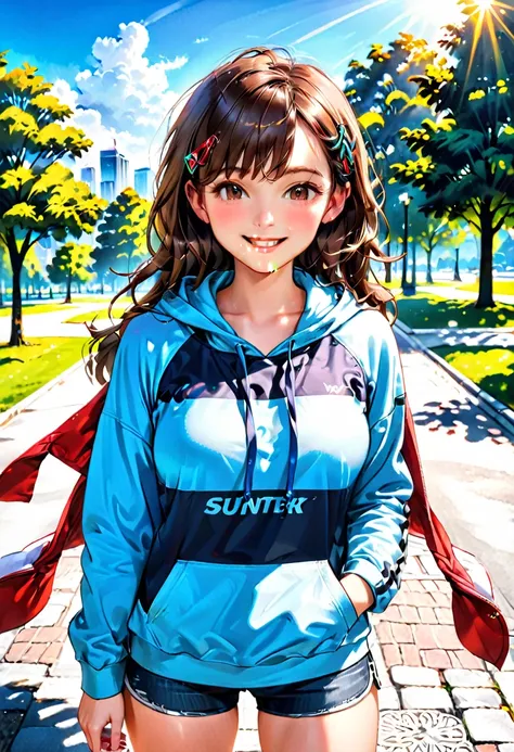 young woman, (shoulder-length wavy brown hair), colorful hairpins, (bright expressive brown eyes), slight blush, smiling face, (casual sporty outfit), pastel hoodie, denim shorts, white sneakers, slim athletic body, Large breasts, natural round breasts, he...