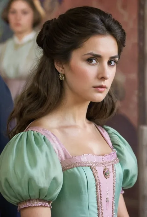 princess, Long hair, brown hair, serious looking at the viewer, wearing a dress with puff sleeves, accompanied by peasants who looked at her, he has short hair and simple clothes